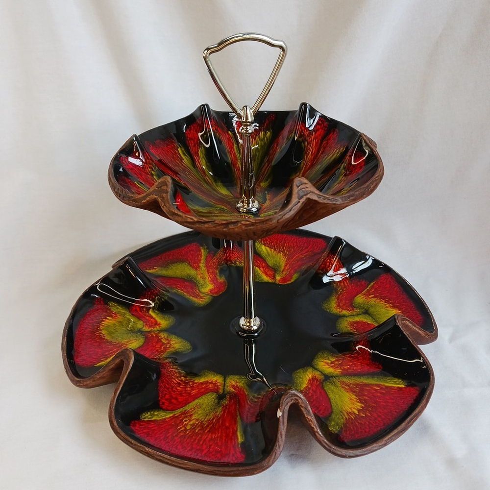 Sequoia Ware 2 Tier Serving Dish Vintage MCM Red Green Black